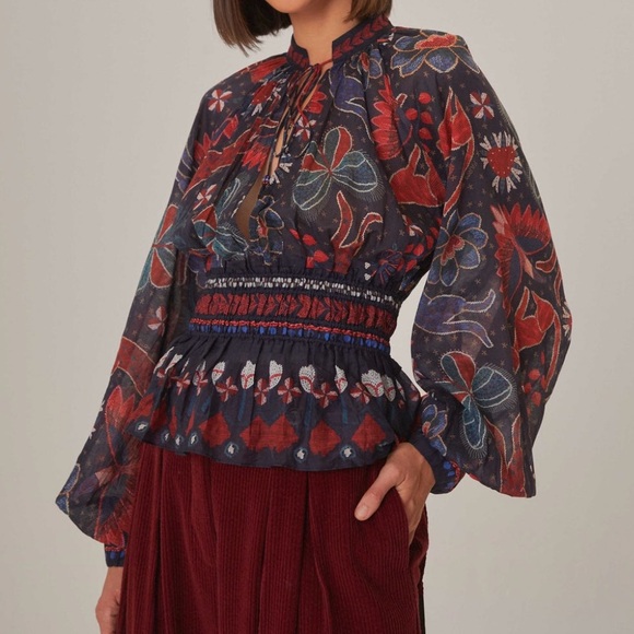 Farm Rio Tropical Shine Women's Floral Top - Red and Blue Size Large - Picture 5 of 5